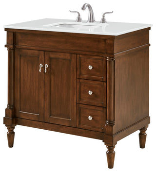 36" Single Bathroom Vanity, Walnut With Ivory White Engineered Marble
