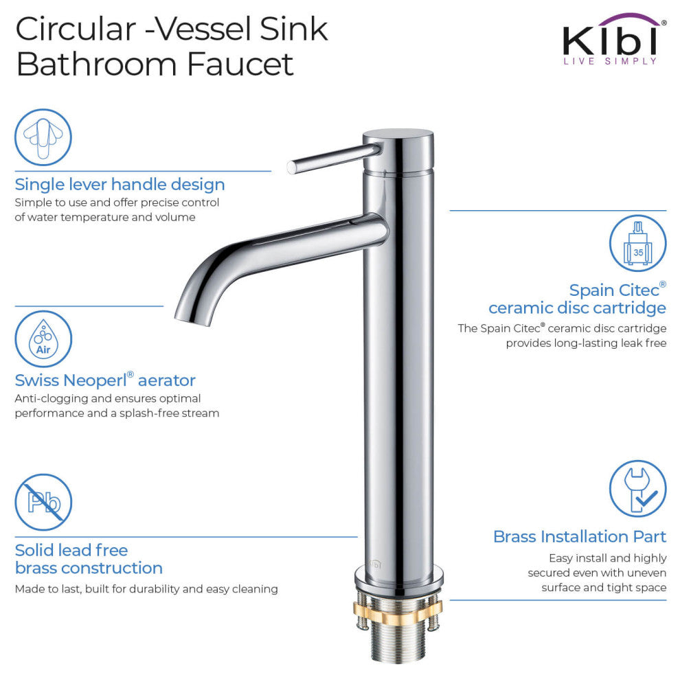 Circular Brass Single Handle Bathroom Faucet KBF1009, Chrome, With Drain
