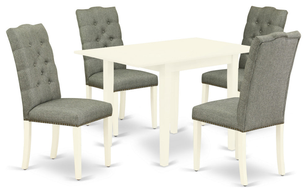 5Pc Dinette Set 4 Chairs, Drops Leaf Table Solid Wood Structure, Linen White