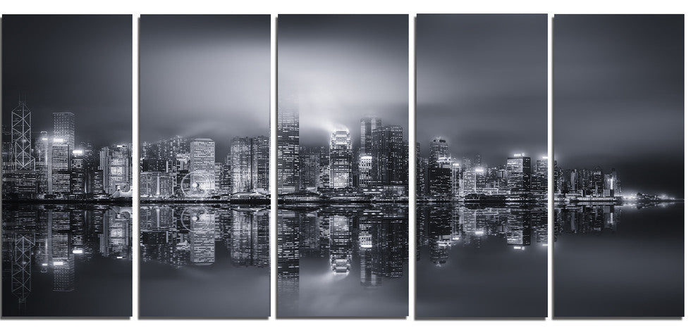 "Hong Kong Black And White Panorama" Cityscape Artwork Canvas, 5 Panels, 60"x28"