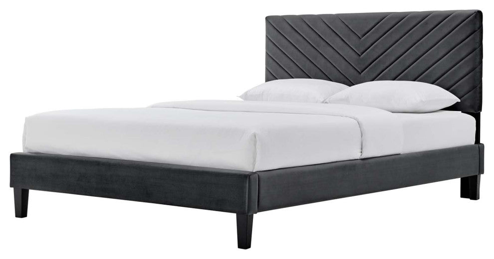 Platform Bed Frame, King Size, Charcoal Gray, Velvet, Modern, Guest Suite
