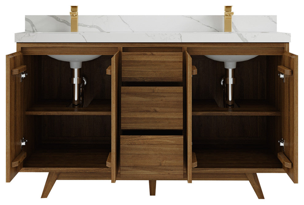 Madison Teak 60 Double Bathroom Vanity in Dark Natural 2" Calacatta Laza