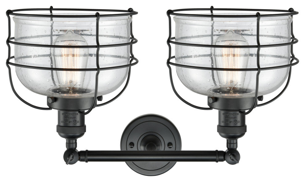 2-Light Large Bell Cage 18" Bath Fixture, Matte Black, Glass: Seedy