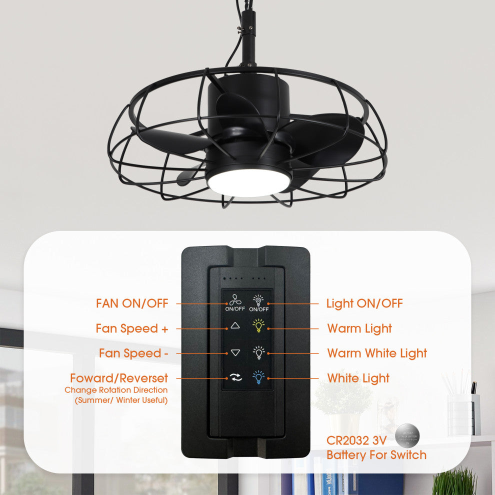 20-inch Modern Outdoor Black Small Cage Black LED Ceiling Fan with Remote