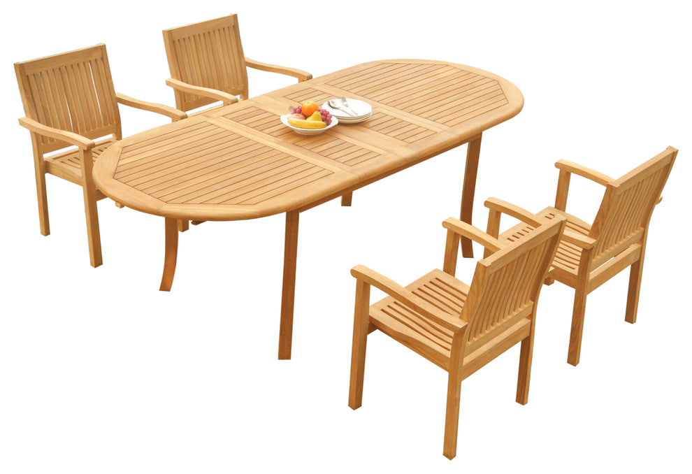5-Piece Outdoor Teak Dining Set: 94" Oval Table, 4 Leveb Stacking Arm Chairs