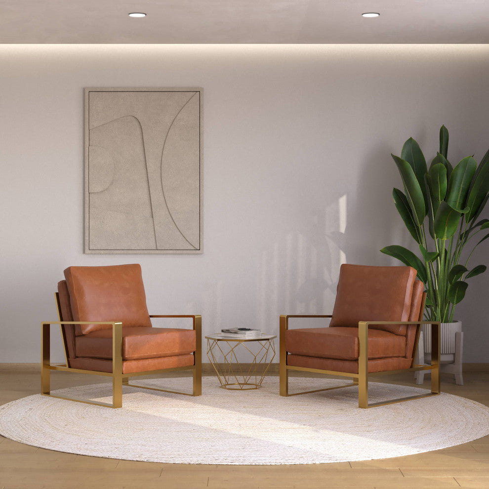 LeisureMod Jefferson Arm Chairs With Gold Frame and Coffee Table, Cognac Tan