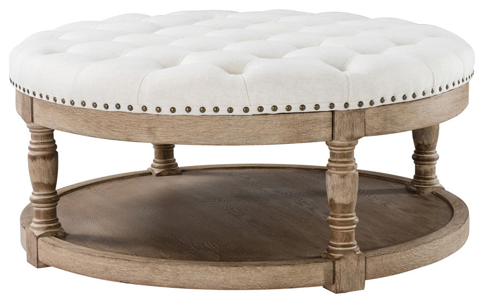 36" Wide Tufted Round Cocktail Ottoman With Storage, Ivory