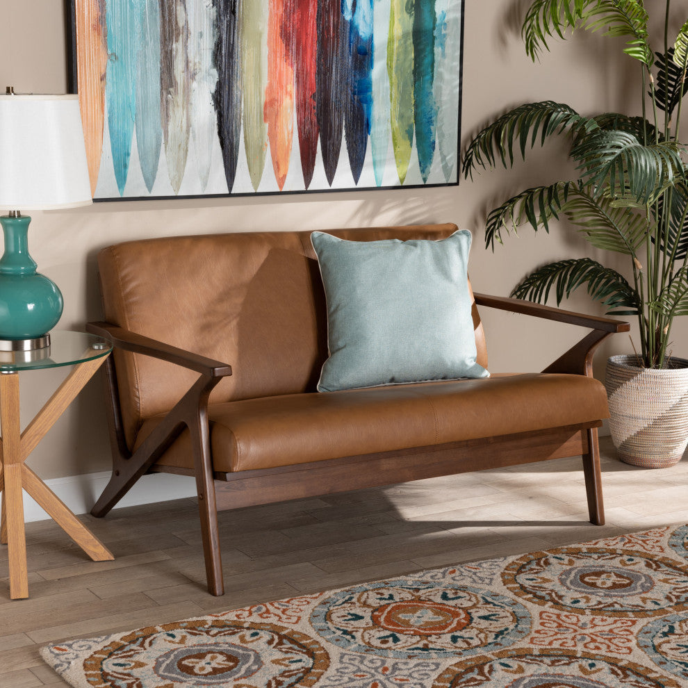 Bianca Mid-Century Modern Loveseat, Tan Faux Leather