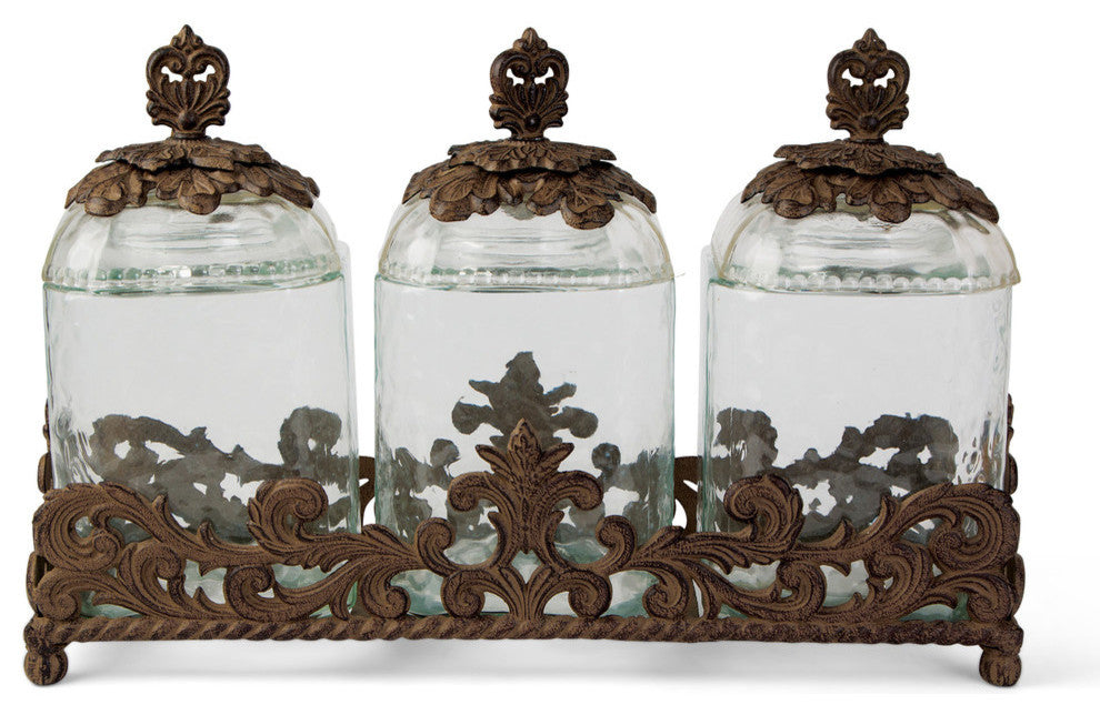 3-Piece Glass Canister Set With Acanthus Leaf Metal Base