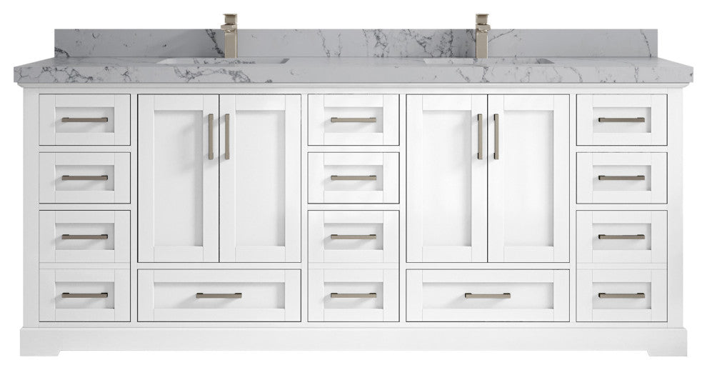 Boston 84 Double Sink Bath Vanity in White 2" Venatino Quartz