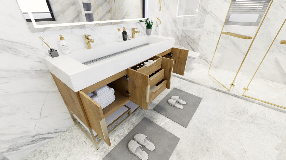 Madison 60" Free Standing Double Sink Vanity with Reinforced Acrylic Sink, Oak