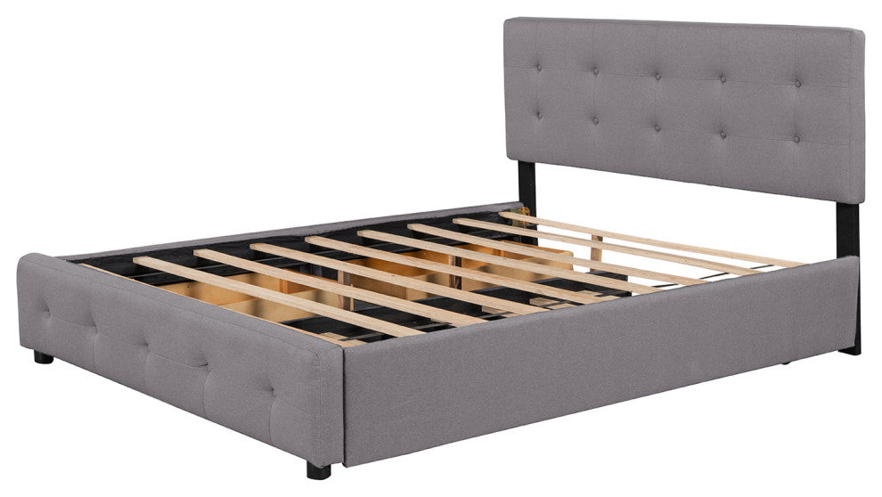 Queen Wood Frame Platform Bed with Drawers and Twin XL Trundle, Grey, Queen