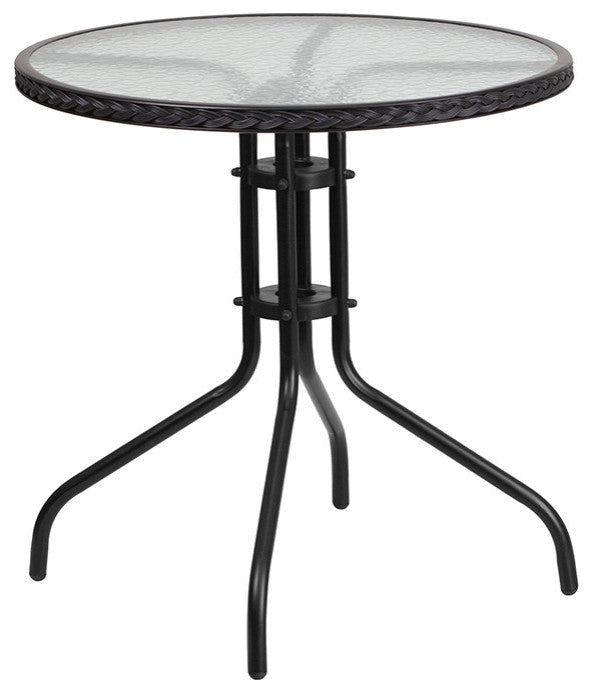 28'' Round Glass Metal Table and 4 Black Rattan Stack Chairs