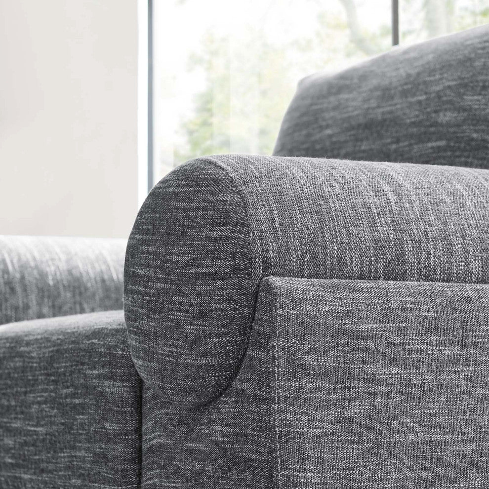 Modern Fabric Armchair with Wooden Plinth Base, Bolster Chair, Grey