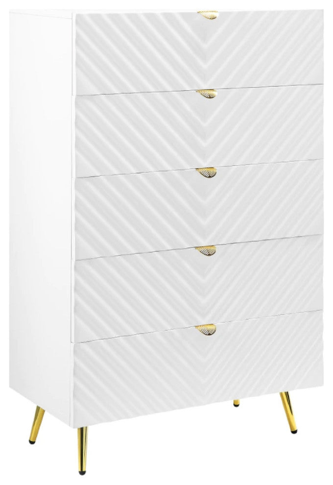 Benzara BM275525 Wood Tall Dresser Chest, Wavy Design, Gold Metal Legs, White