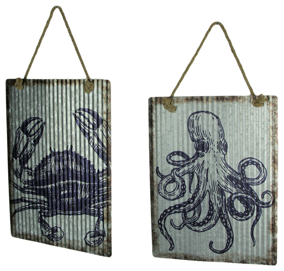 Ribbed Texture Galvanized Metal Octopus and Crab Art Wall Hanging Set