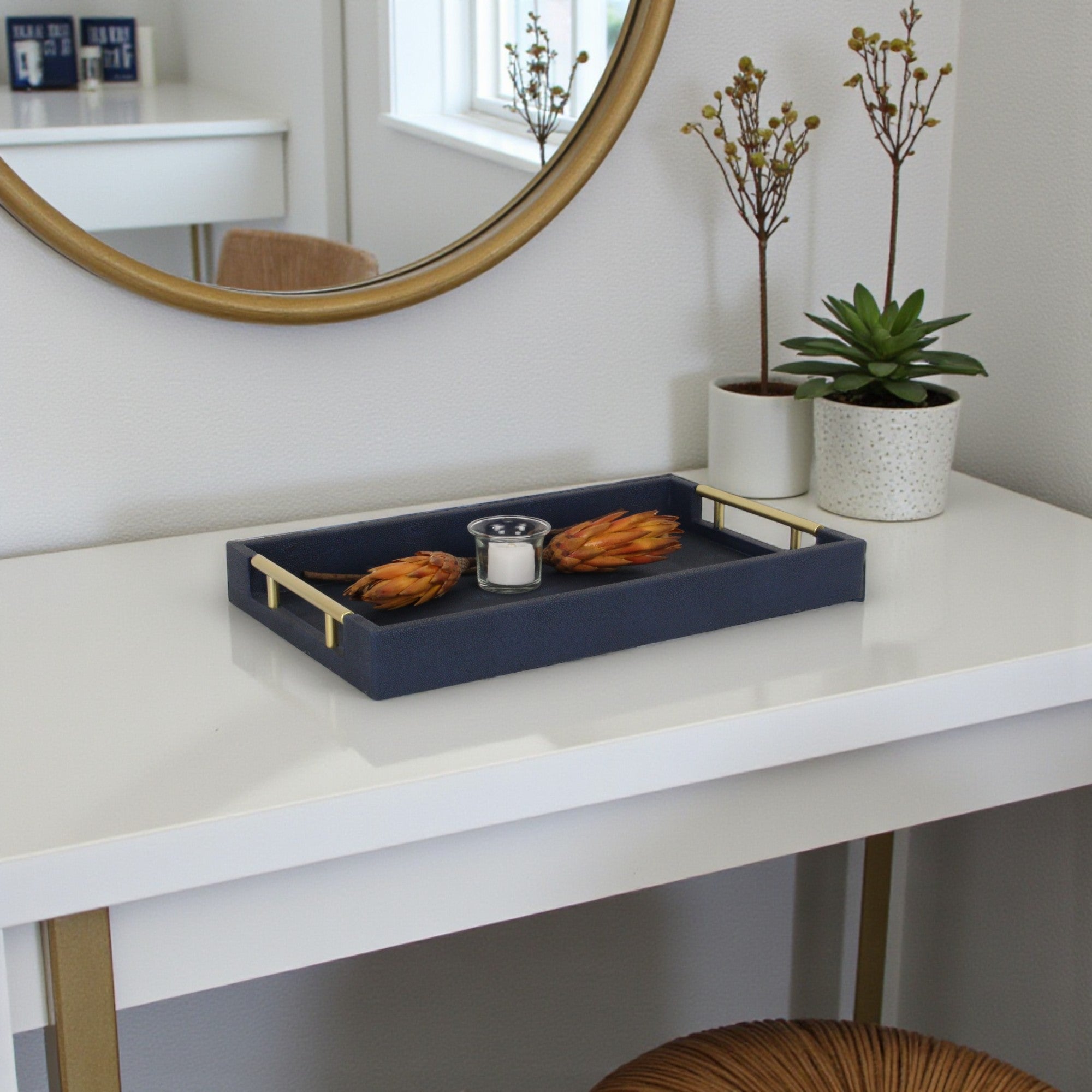 Navy Blue Faux Shagreen Tray with Handles