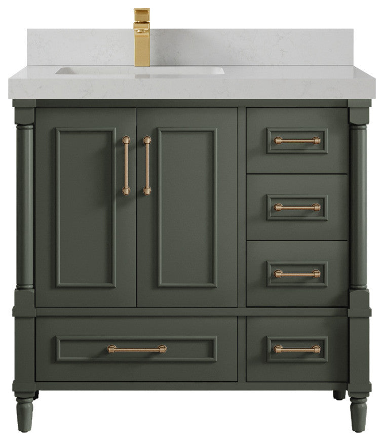 Aberdeen 36 Left Offset Bath Vanity in Pewter Green 2" Carrara Quartz
