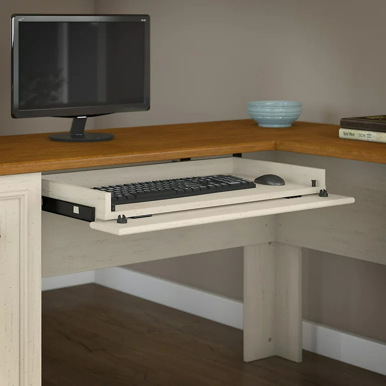Traditional L-Shaped Desk, Vertical Storage Cabinet & Keyboard Tray, Brown/White