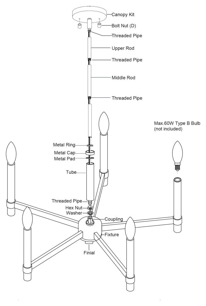 Damen 25" 5 Light Chandelier Matte Black and Natural Brass