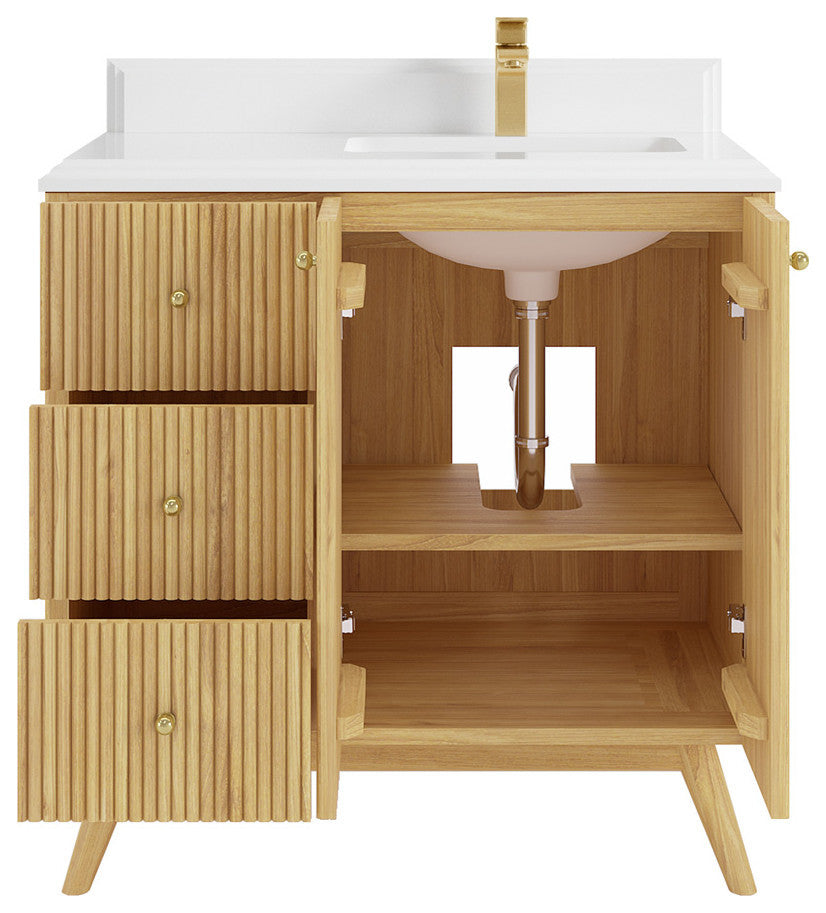 Pasadena 36 Right Offset  Bath Vanity in Light Natural Teak 1.5" White Quartz