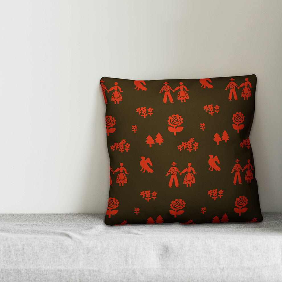 Folk Forest Motif, Red Outdoor Throw Pillow, 20"x20"
