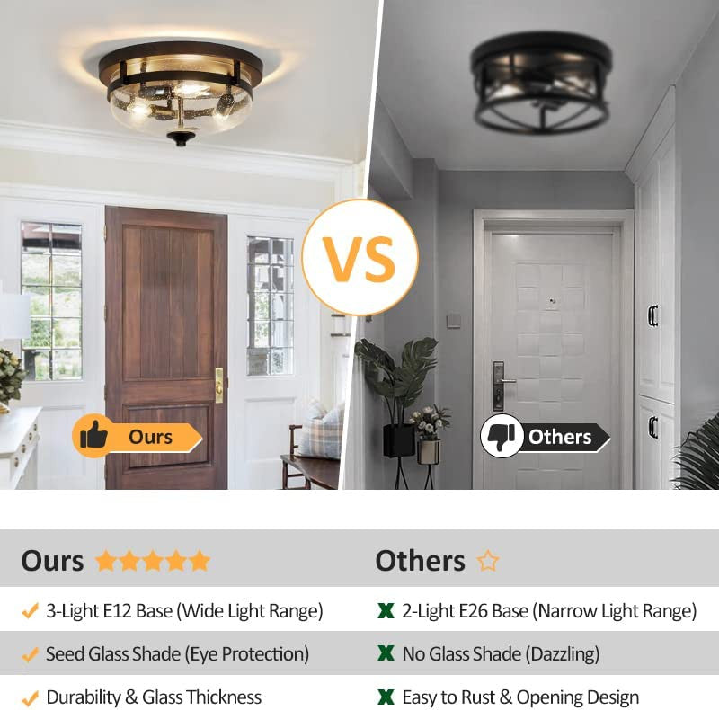 3 Light Industrial Flush Mount Ceiling Light Farmhouse, Glass