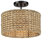 13.6" 2-Light Natural Rattan Semi-Flush Mount Ceiling Light With Black Canopy