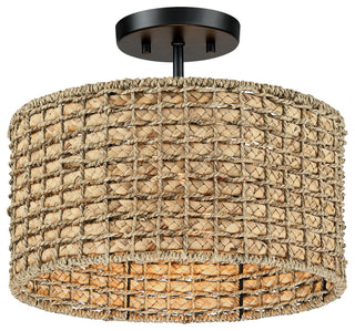 13.6" 2-Light Natural Rattan Semi-Flush Mount Ceiling Light With Black Canopy