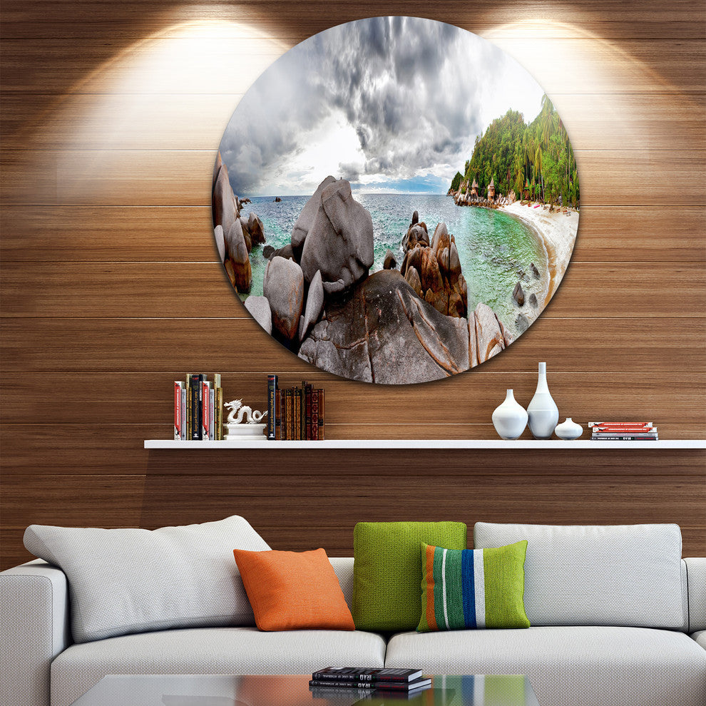 Exotic Tropical Beach Under Blue Sky, Seascape Round Metal Artwork, 23"