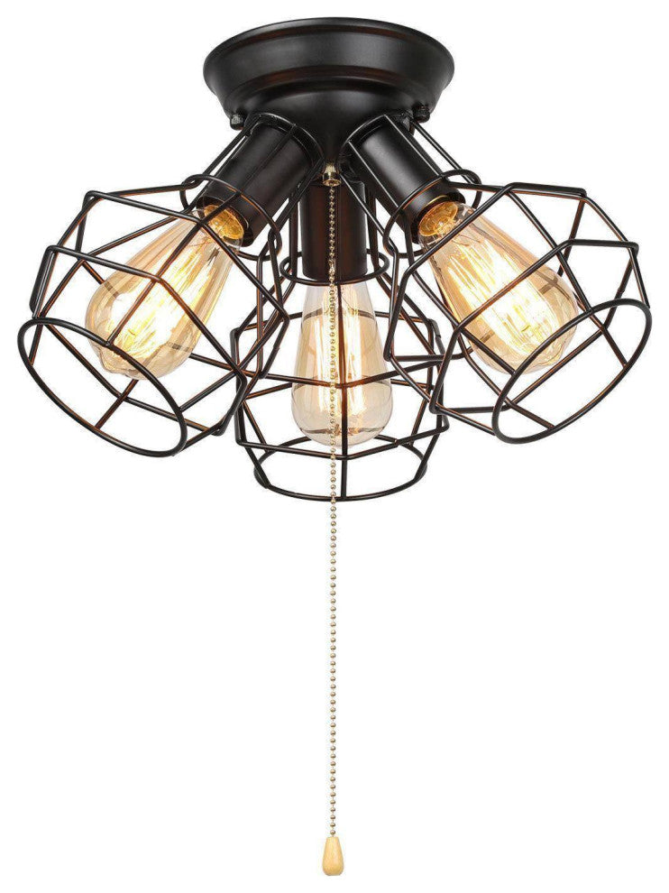 LNC 3-Light Industrial Pull-String Ceiling Lamp, Matte Black
