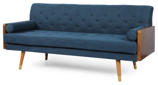 GDF Studio Aidan Mid Century Modern Tufted Fabric Sofa, Navy Blue/Dark Walnut