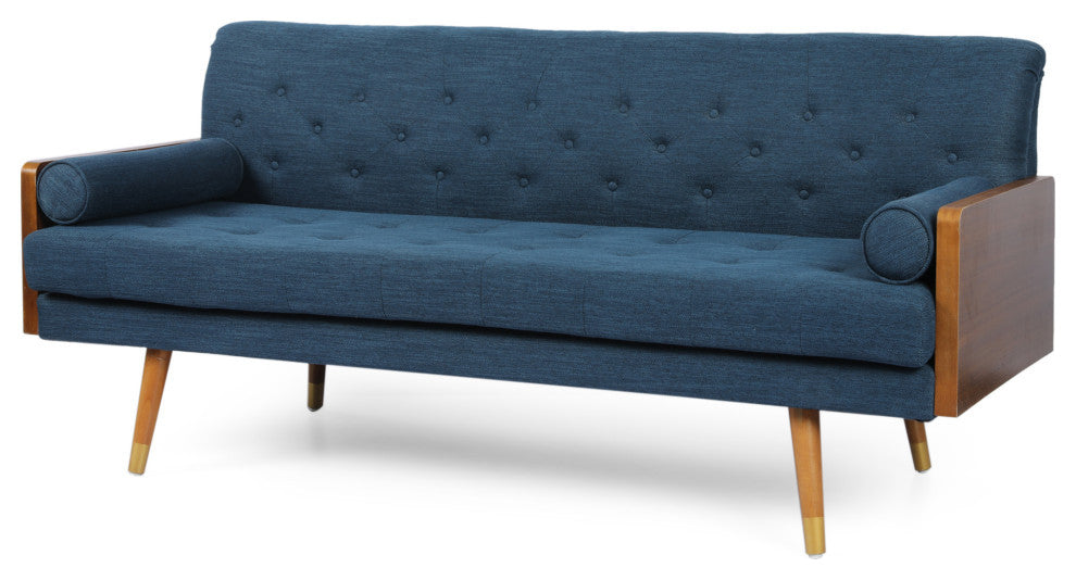 GDF Studio Aidan Mid Century Modern Tufted Fabric Sofa, Navy Blue/Dark Walnut