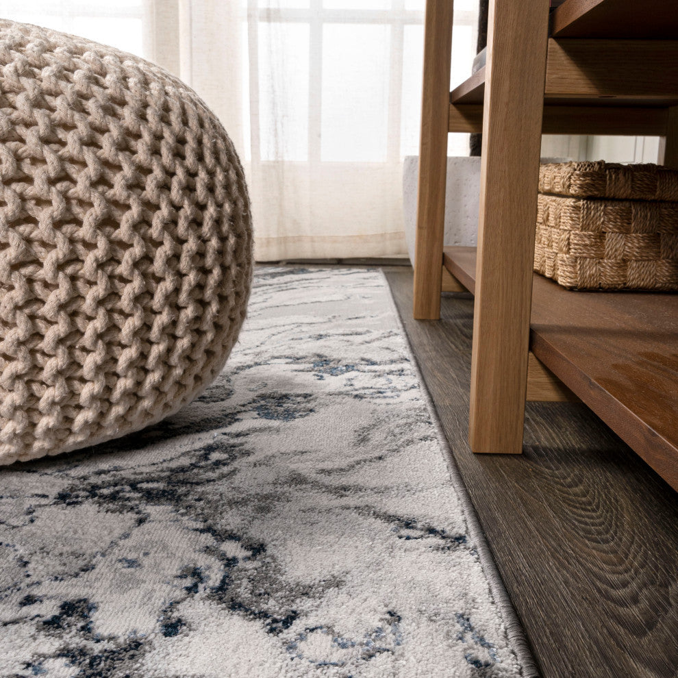 Swirl Marbled Abstract Area Rug, Gray/Blue, 8 X 10