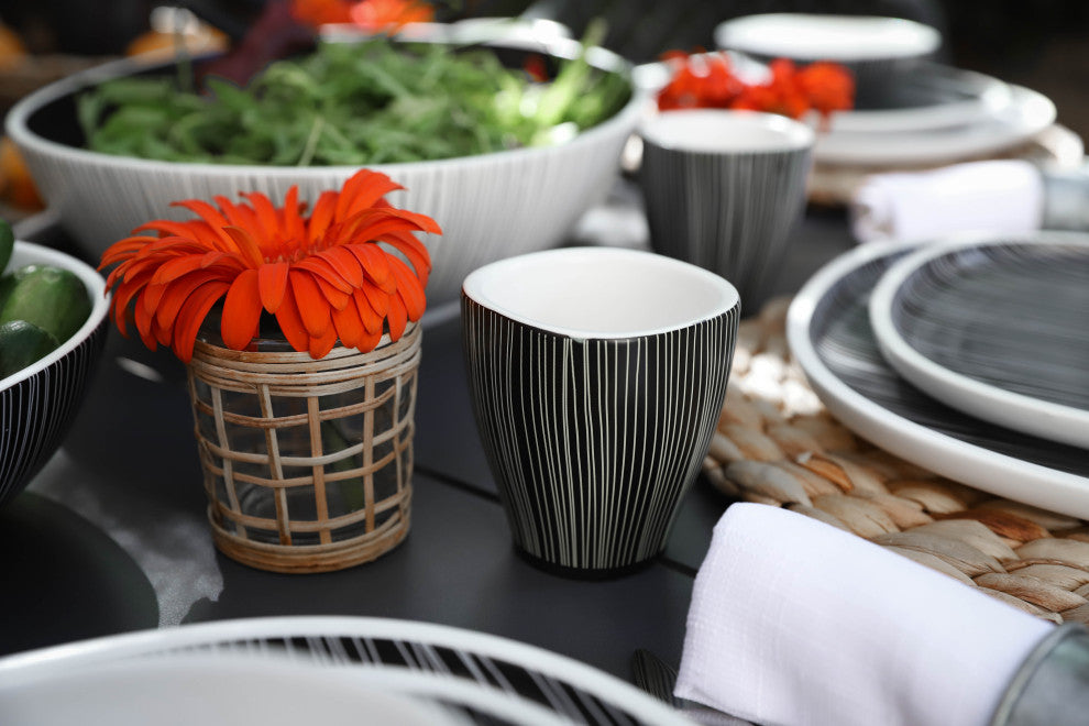 Black and White Dinnerware set, Black With White Lines, Set of 4 Cups (160cc)