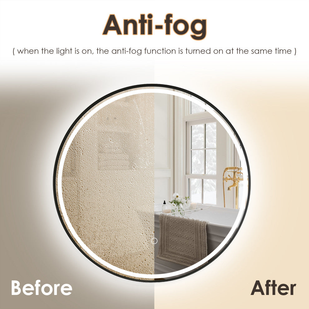 Palme Round Framed Bathroom/Vanity LED Lighted Wall Mirror, Matte Black, 32"