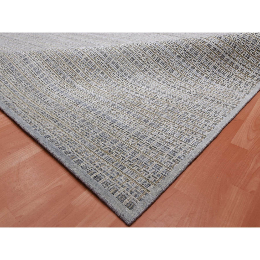 Silver Gray Silk and Wool Hand Knotted Modern Design Oversized Rug, 14'0"x20'4"