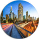 Downtown La With Traffic Trail, Cityscape Disc Metal Wall Art, 36"
