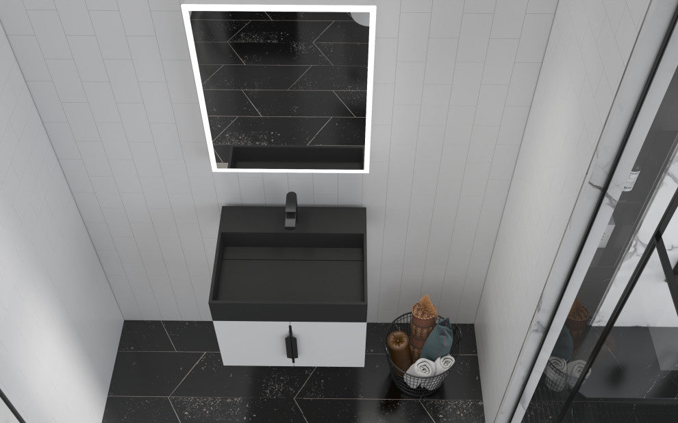 CastelloUSA Amazon 24" Wall Mounted Bathroom Vanity Set, White, Black Top, Black Handles
