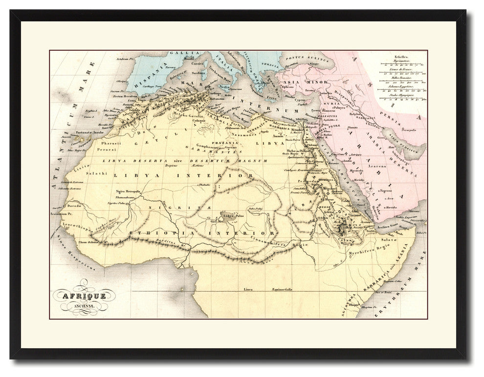 Ancient Africa Map Print On Canvas With Black Frame, 28" X 37"