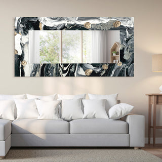 Abstract Rectangular Beveled Mirror on Free Floating Printed Tempered Art Glass