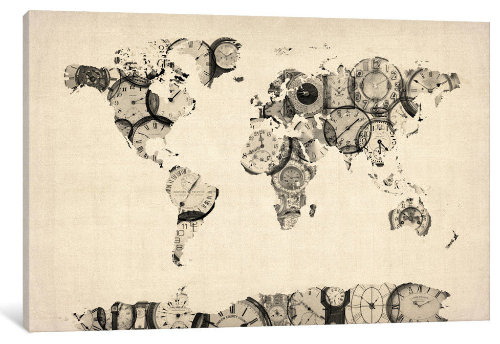 "Map of the World Map from Old Clocks" by Michael Tompsett, Canvas Print, 18x12"