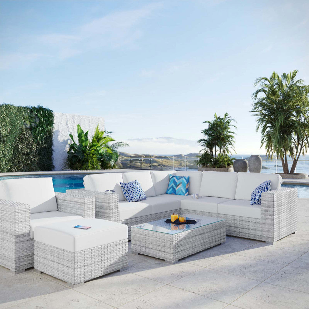 Lounge Sectional Sofa Chair Set, Rattan, Wicker, Gray White, Outdoor
