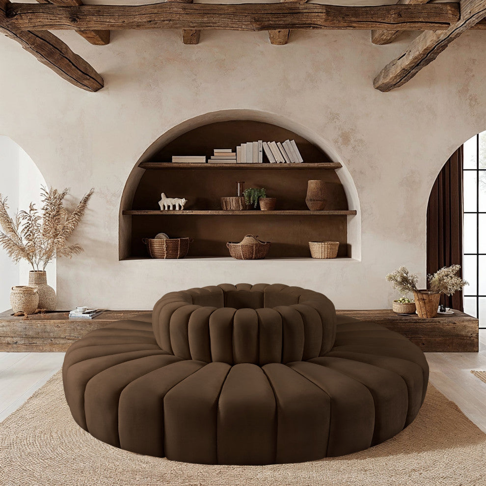 Arc Upholstered Outward Curved Modular Sectional, Brown, 8-Piece: Reverse Corner (8), Velvet