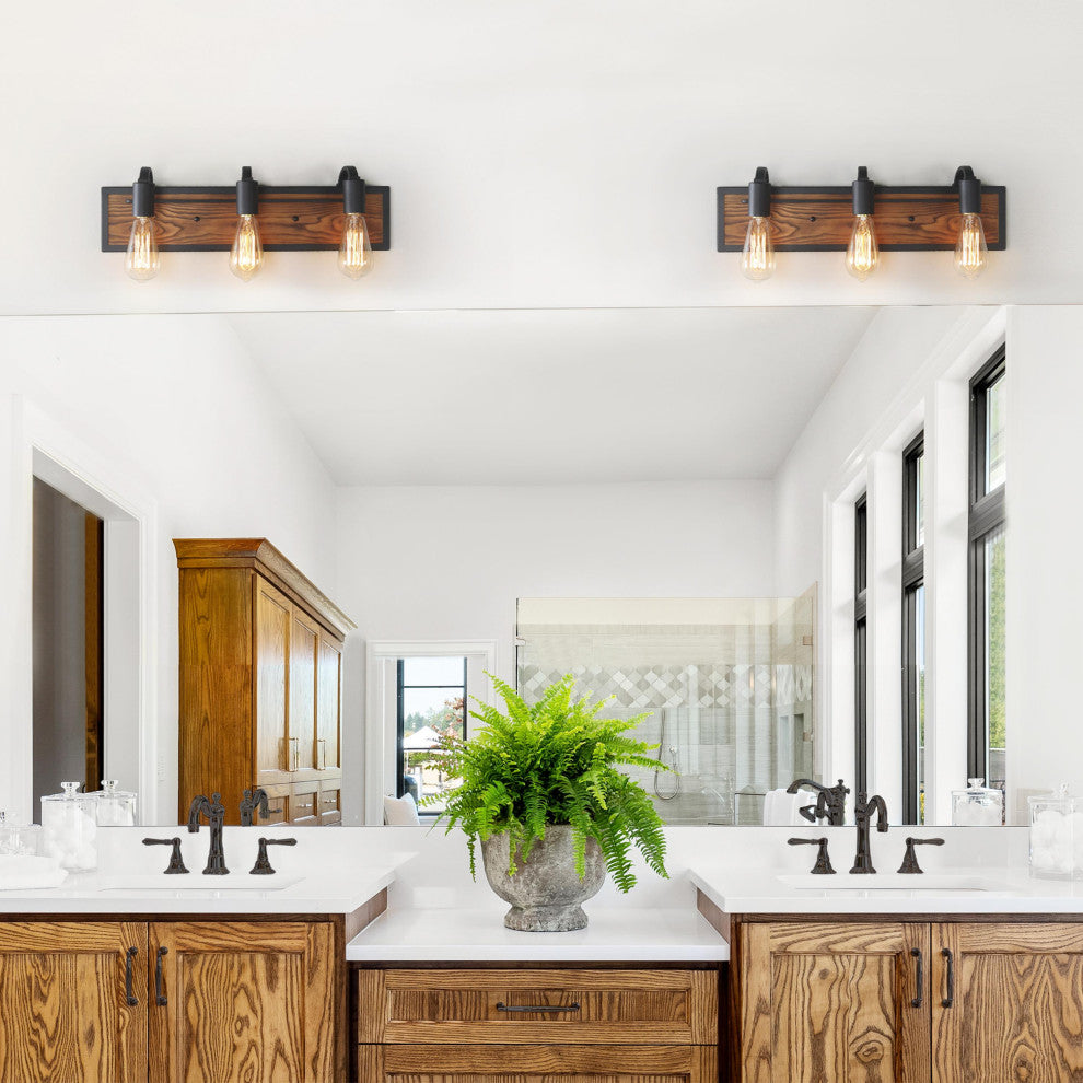 LALUZ 3-Light 21.3-in Wood Brown and Black Farmhouse Vanity Light Bar