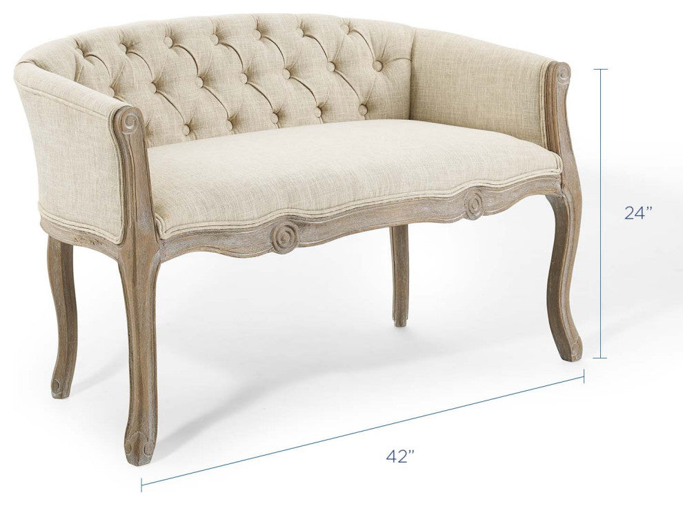 French Vintage Loveseat Sofa, Fabric, Wood, Beige, Modern, Lounge Hospitality