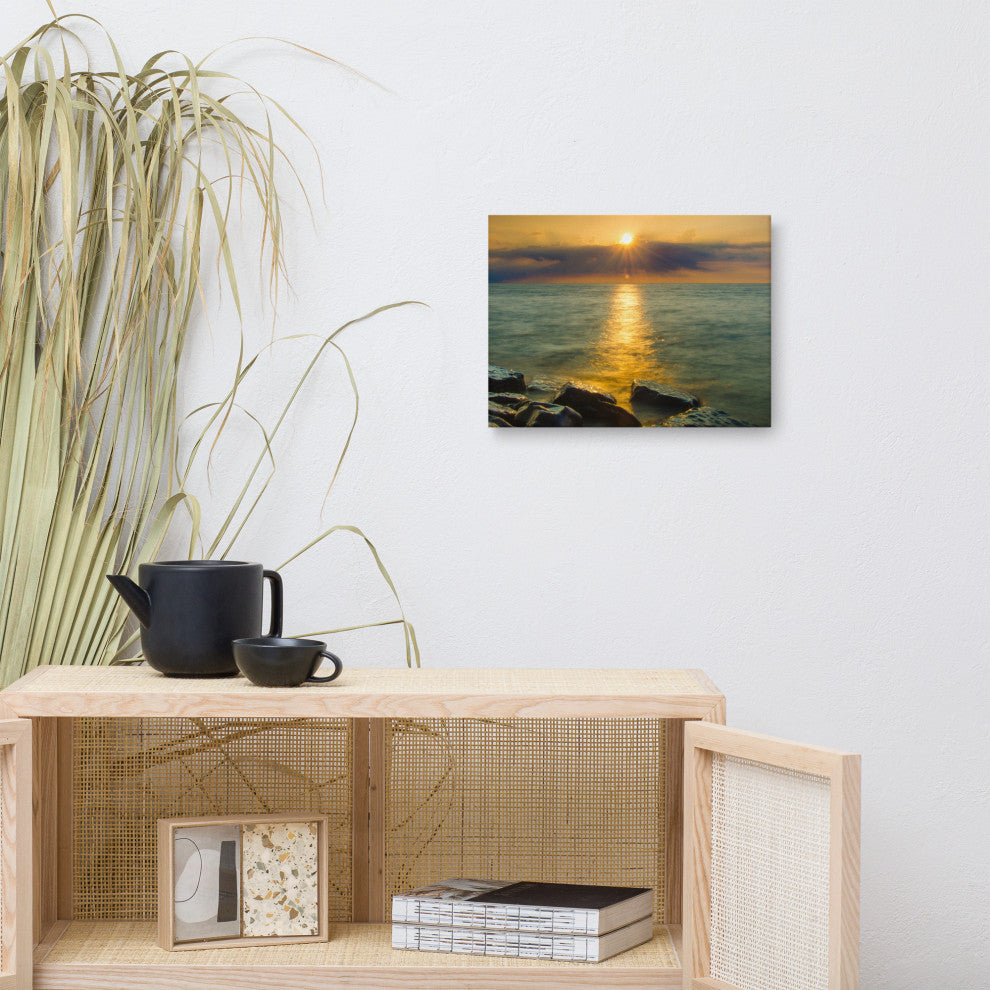 Sunset On Ocean, Sea, Beach Nature Landscape Photo Canvas Print, 12" X 16"
