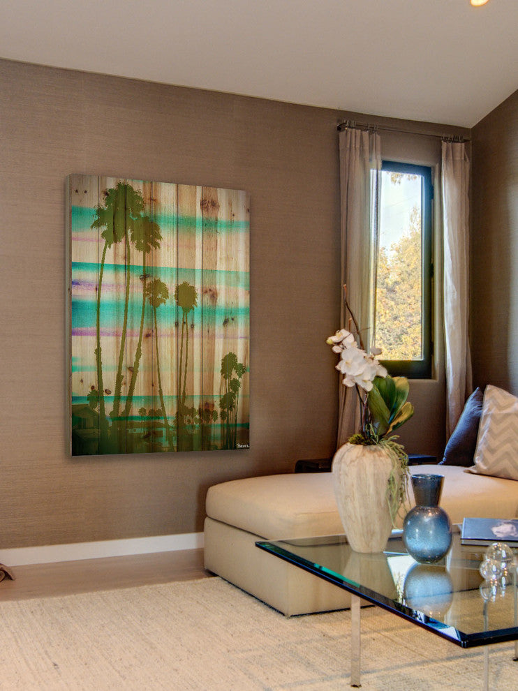 "Rainbow Through the Palms" Print on Natural Pine Wood, 24"x36"