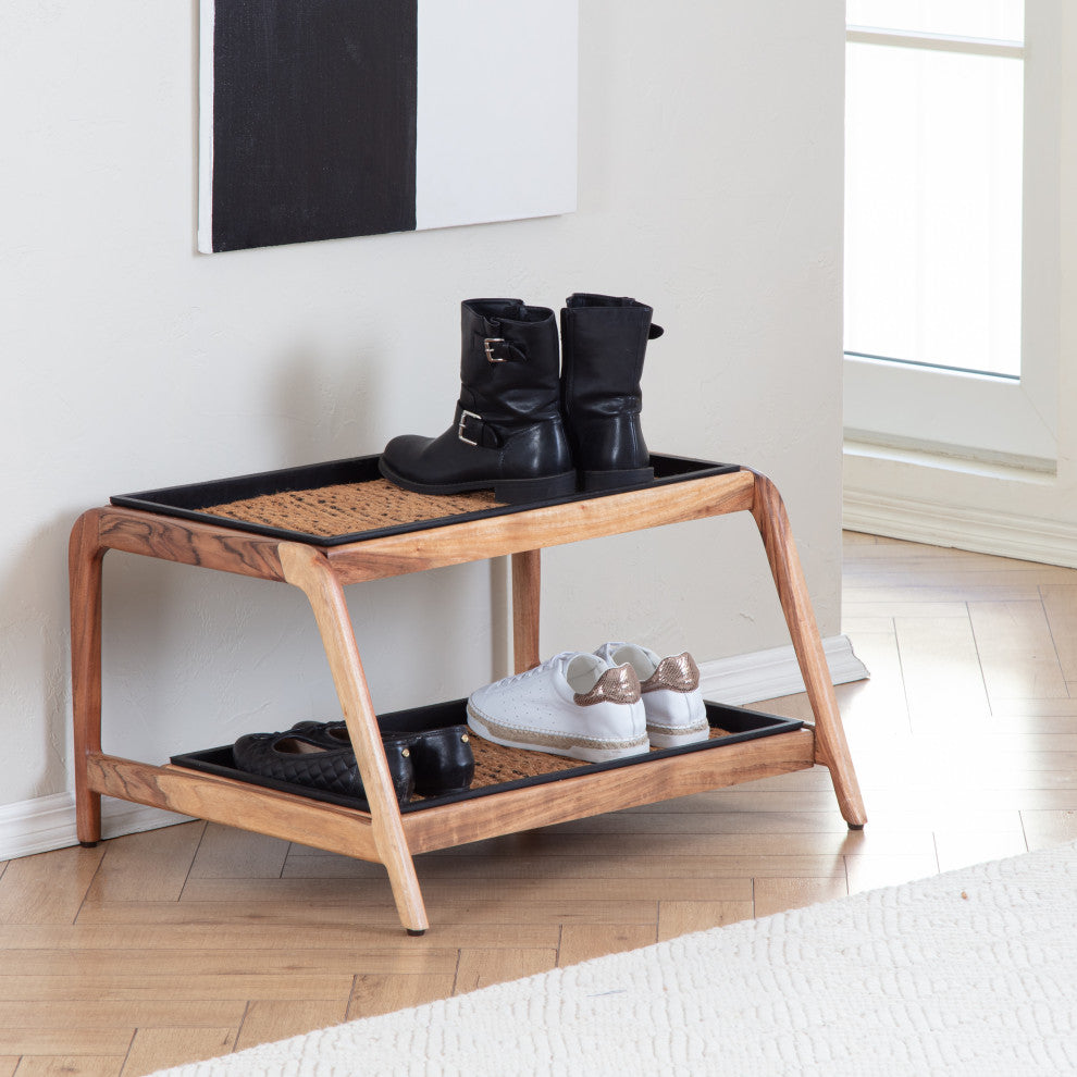 Double-Tier Natural Stand With 2-Pair Rubber Boot Trays Irish Lion