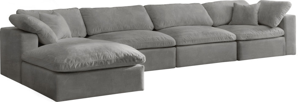 Cozy Velvet Upholstered Comfort L-Shaped Modular Sectional, Gray, 5-Piece: 2 Armless Chair, 2 Corner Chair, 1 Ottoman